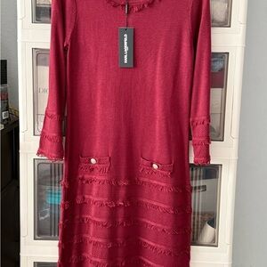 Karl Lagerfeld Red Long Sleeve Fringe Dress